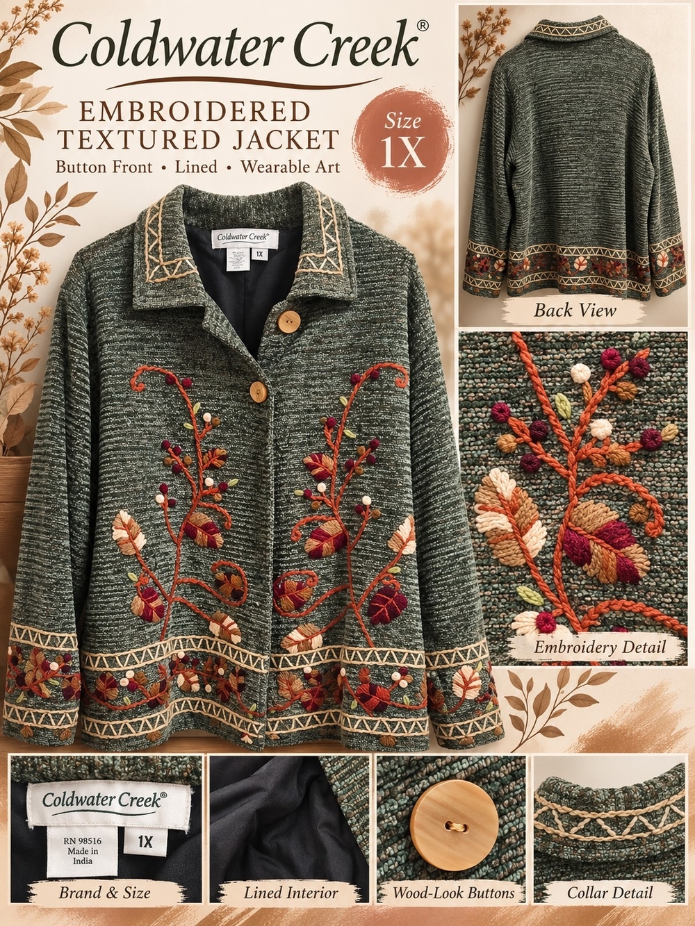 Coldwater Creek 1X Green Embroidered Chenille Tapestry Jacket Boho